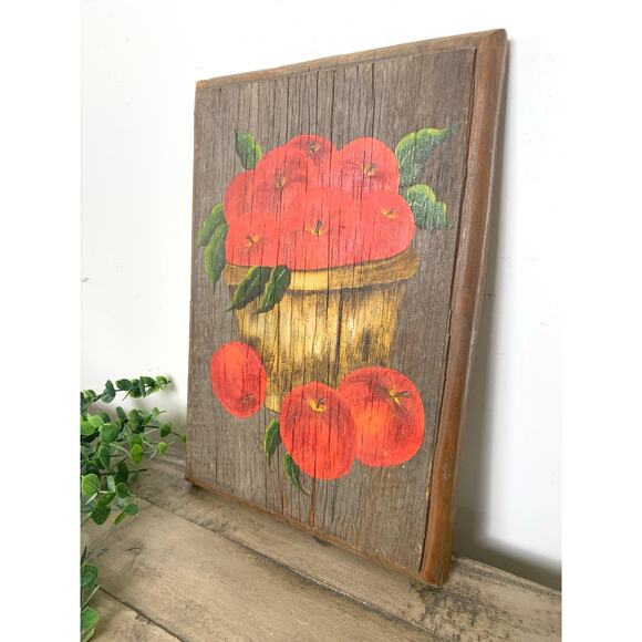 Vintage 1971 Hand-Painted Wooden Painting Apples in Basket Rustic Farmhouse Art - Picture 3 of 10